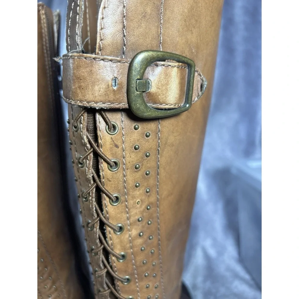 Arturo Chiang Womens 8M Brown Leather Knee High Riding Boots Studded Lace Up